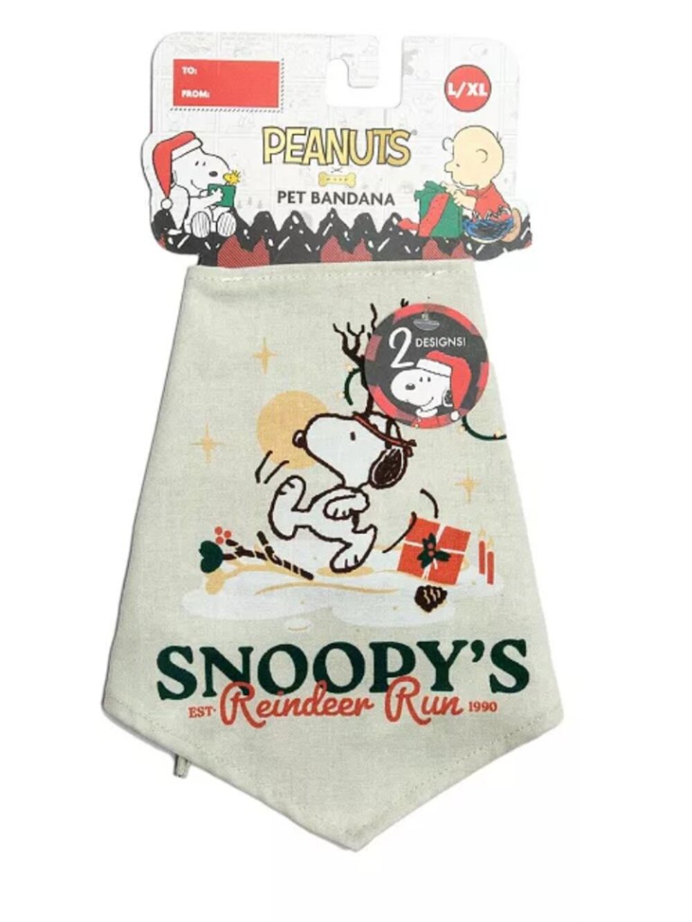 Woof Peanuts Snoopy Reindeer Run Reversible Holiday Pet Bandana S/M